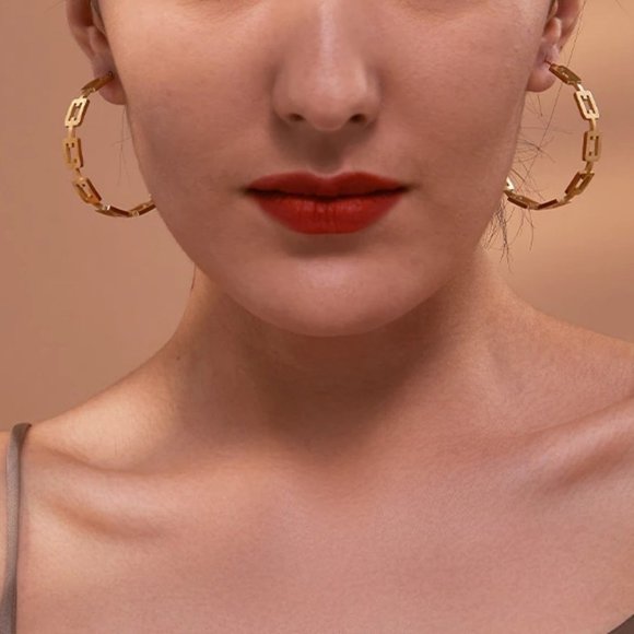 NEW 18K Gold Plated Link Chain Round Hoop Earrings - Picture 3 of 7